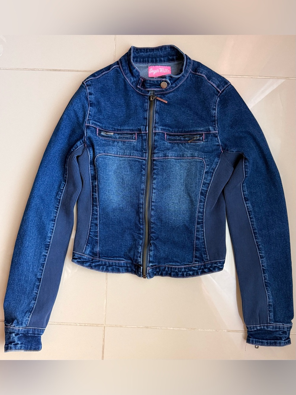 Sugar Thrillz (Dollskill) Denim Moto Jacket with Ribbed Panels - Size M